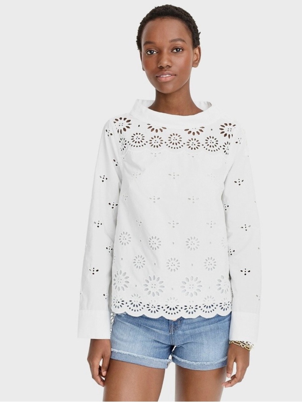 J.Crew White Cotton Eyelet Hi-Lo Funnel Boat Neck Top